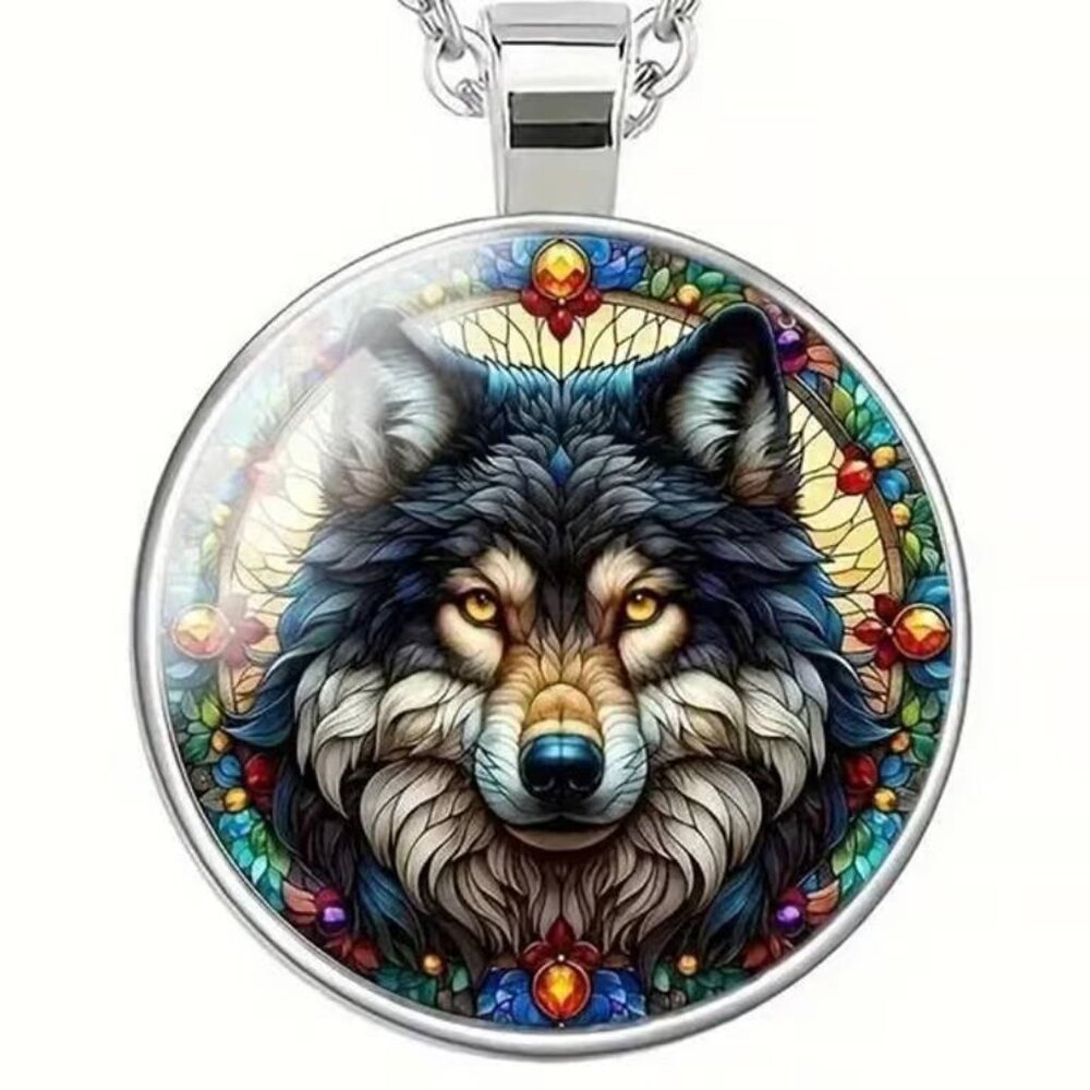 Silver WOLF Glass Cabochon Pendant Necklace
